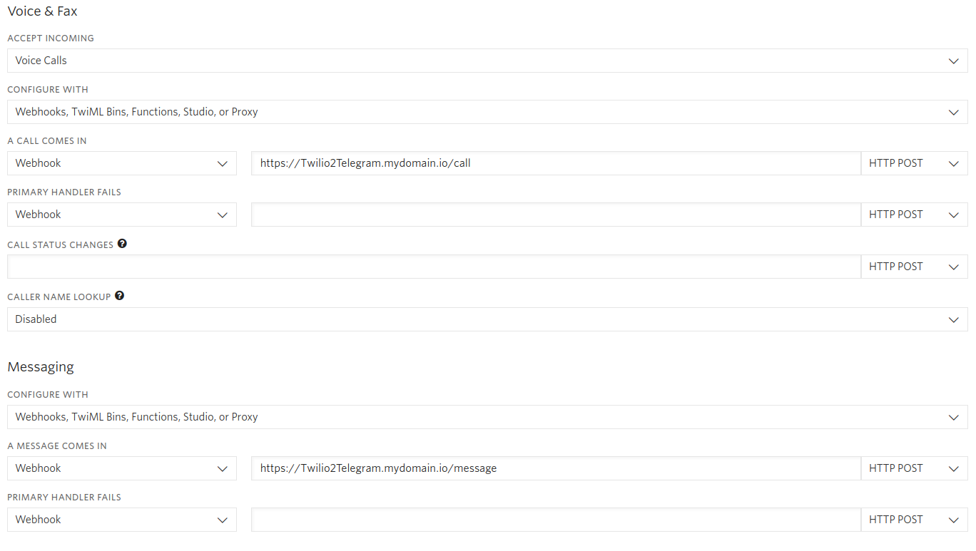 Twilio Webhooks settings