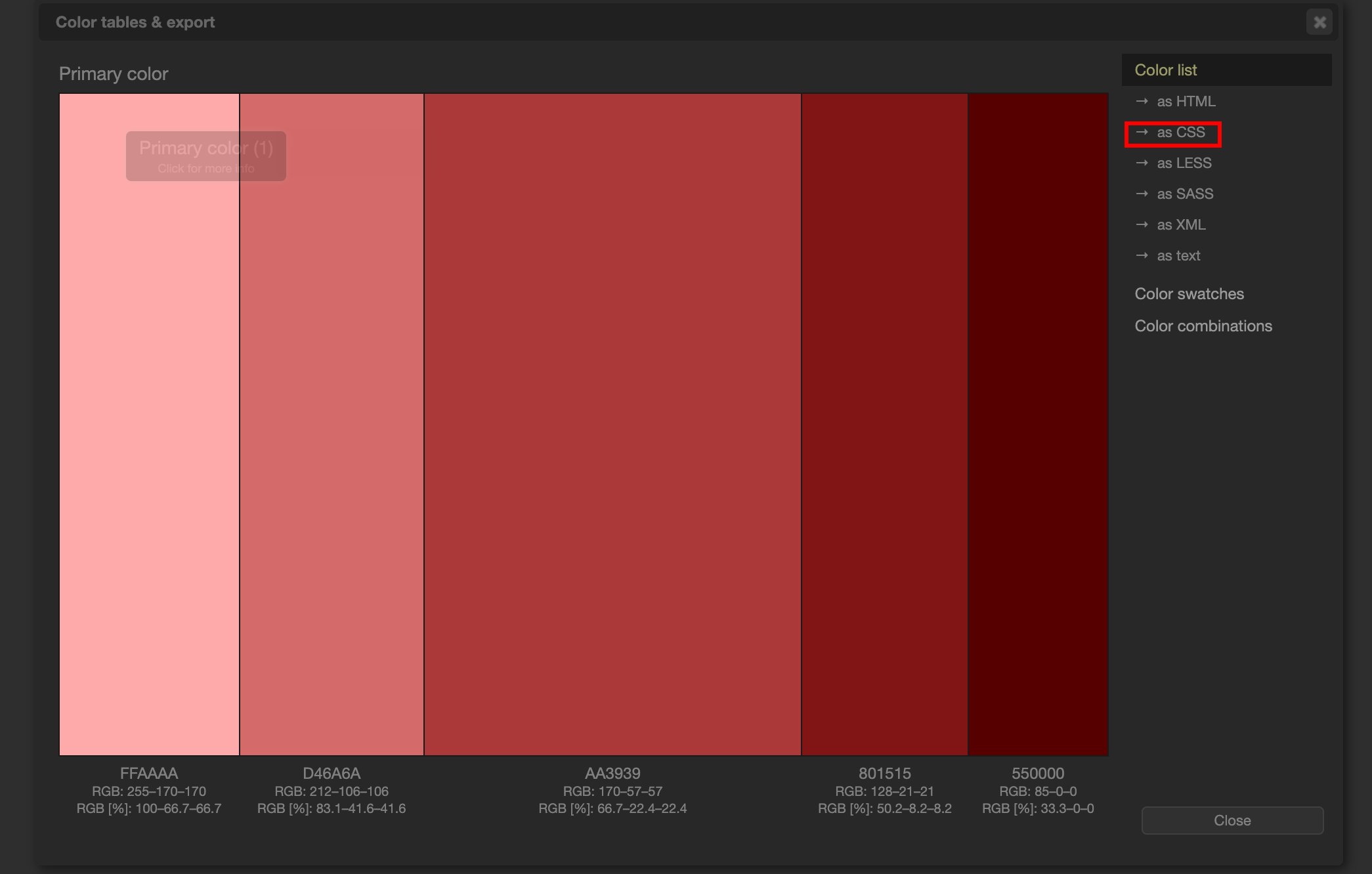 Export - listing colours that go well together